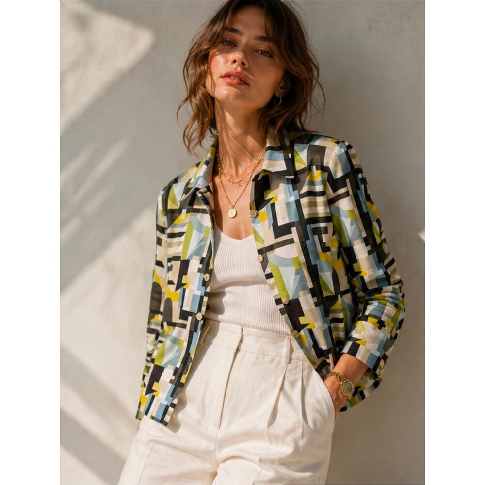 Mod Art Jacket Chartreuse Geometric Blazer Womens 14 Linda Allard Ellen Tracy